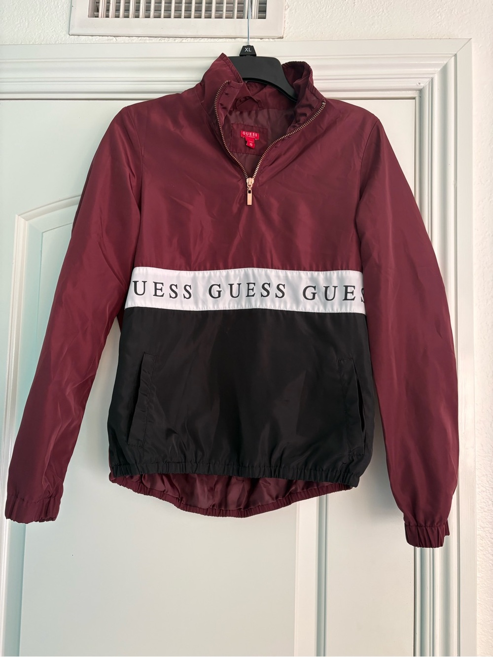 GUESS Burgundy, Black and White Half-Zip Pullover Anorak